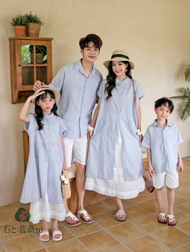 親子ペア衣装　ストライプ柄メンズ/男の子シャツハーフパンツ　レディース/女の子ロング丈シャツワンピ..