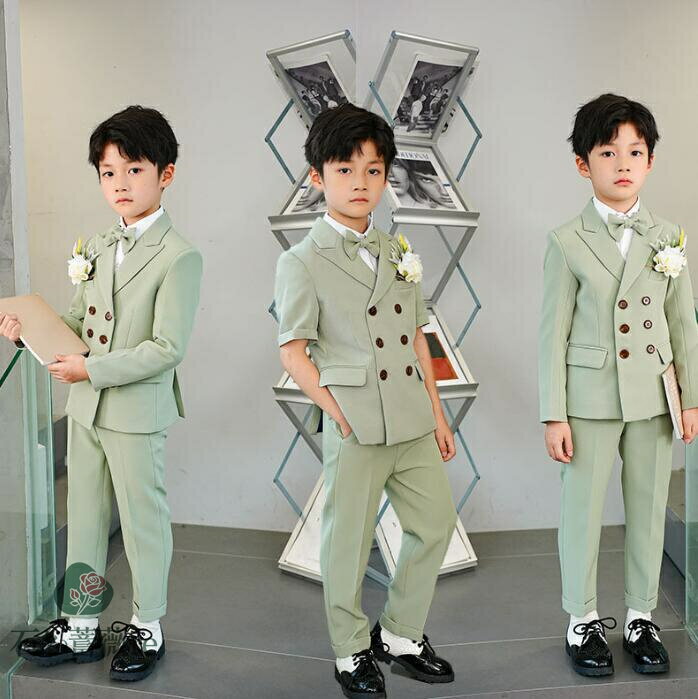 男の子スーツセット 無地緑スーツ ジャケット ジレベスト 半袖/長袖 結婚式 卒業式 ジュニア サロペットセット フォーマル ジレベストセット リボン ブローチ...