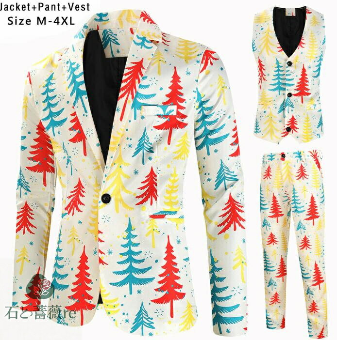 メンズスーツ ステージ衣装スーツセットクリスマス元素 カジュアルメンズスーツ演出服　男性用スーツ ..