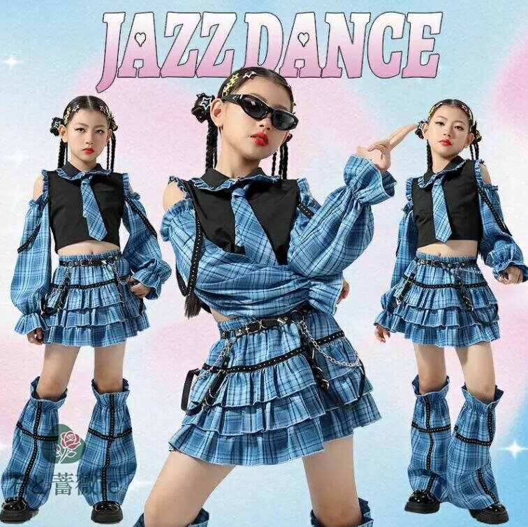女の子ジャズヒップホップダンス衣装 hiphop jazz チアガール チェック柄 舞台ダンスウェア フレアスカート ミニ丈 パフスリーブ袖 長袖tシャツ ネクタイ 切り替え 子供ステージ衣装 ジャズ 体育祭 発表会 イベント