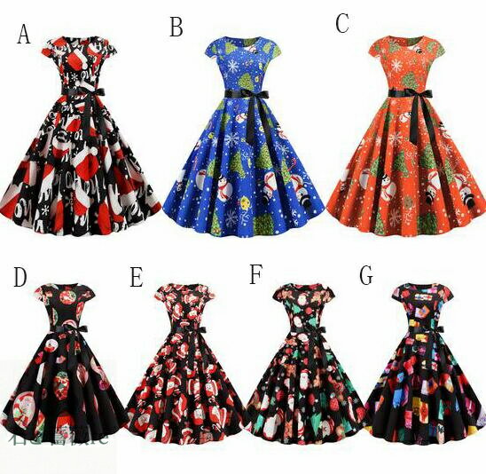 レディースレトロワンピース　Aライン　ベルト　サンタクロースクリスマスツリープリント　チュニック..