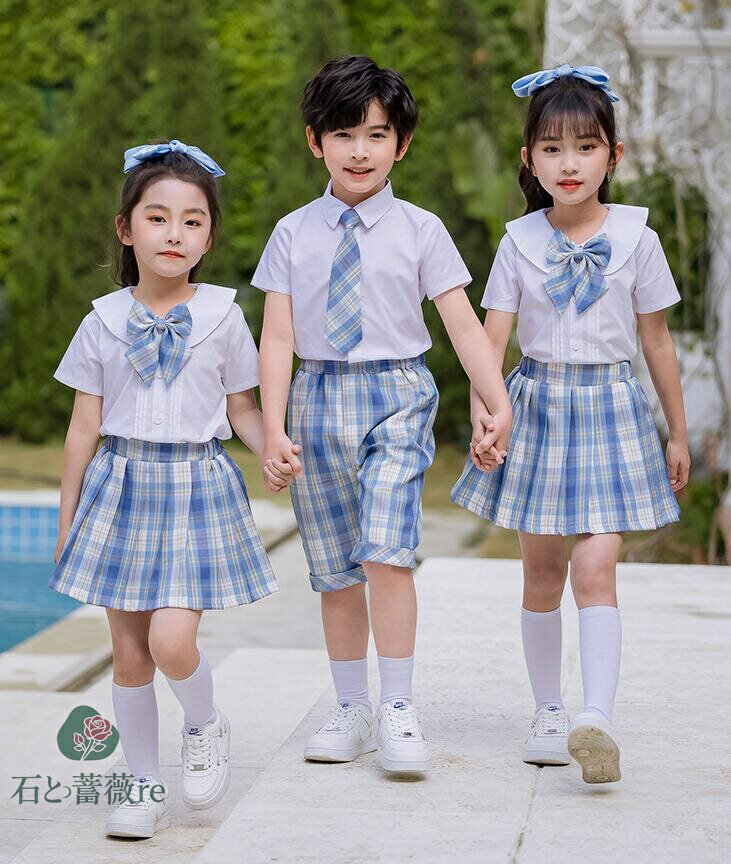 子供学園スーツセット チェック柄プリーツスカート ステージ 半袖ワイシャツ 中小生幼稚園 男の子女の子 リボン キッズ学園制服 ジュニア/女の子男の子ダンス衣...