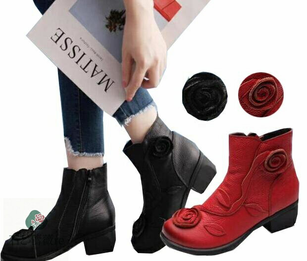 ブーツ レディース　太めヒール　5cm　立体的な手作り花柄　エスニック　ショート丈ブーツ　エンジニア..