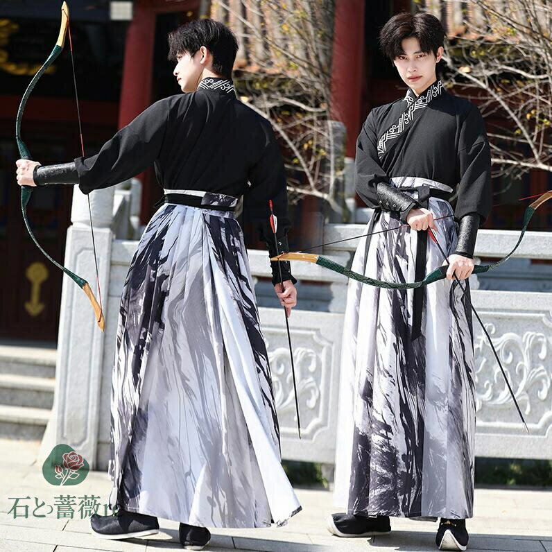 格好いいメンズ漢服 中華ブラウス+山水柄スカート上下2点セットアップ カップルペア細袖中華古風コスプレ衣装 メンズレディース兼用唐装漢服 イベント クラス演出服 チャイナ舞台ステージ服 ハロウィン クリスマス仮装変装イベント学園祭
