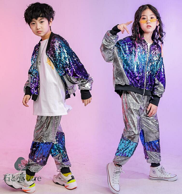 子供ダンス衣装 ブルゾンジャケット　サルエルパンツ　スパンコール　2点セットアップ ヒップホップジ..