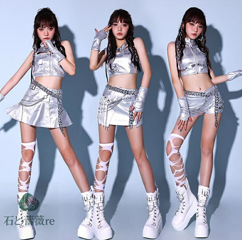 大人ジャズダンス衣装　pu素材　レザー　光沢あり　シルバーダンスウェア　レディース　韓国風舞台団体..