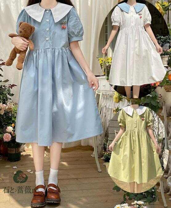 レディースワンピース　半袖　ゆったり　少女ワンピース　ロリータ　森ガール　10代　20代　フラットカ..