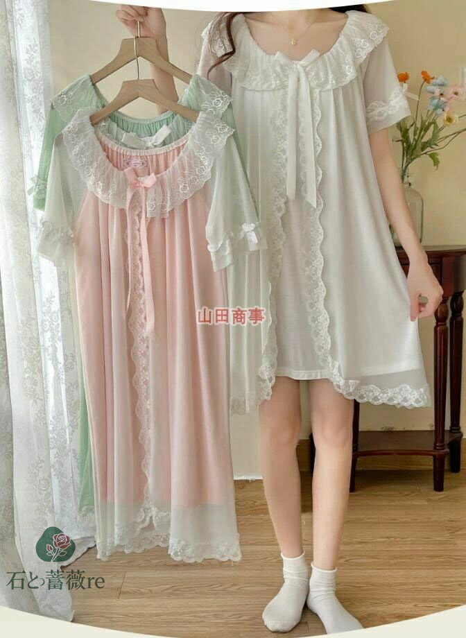 ワンピースパジャマ 3色ネグリジェ 姫系 膝丈 ネグリジェドレス ワンピースパジャマ 優雅 リボン付き 半袖レース ワンピース ルームウェア ゆったり キレイめ プリンセス ナイトドレス 部屋着 寝間着 繊細なレース 花 スイート ウエスト締め 可愛いレディース 大人