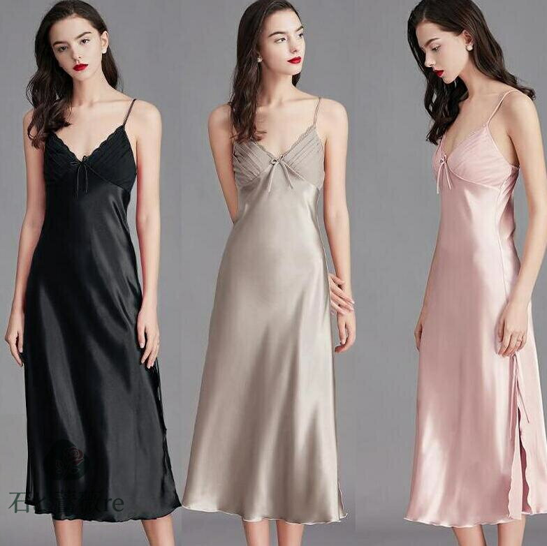 春夏パジャマワンピース　キャミソールパジャマ　セクシー　レディースネグリジェ 夏ルームウェア 女性 シルクタッチ　部屋着　温泉 お風呂 ホテル ナイトウエア 寝間着 Vネック リボン スリット