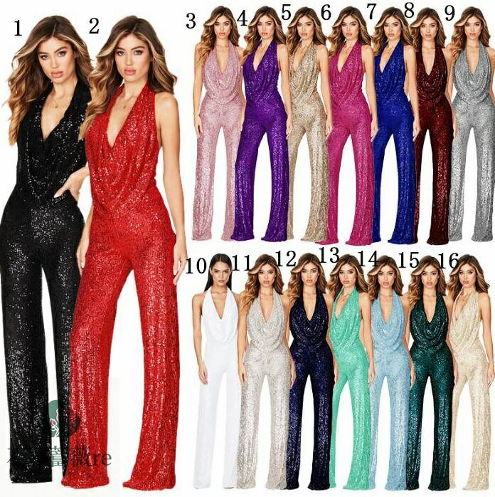 スパンコールパンツドレス　セクシー　全身スパンコールオールインワン　ノースリーブレディースガウチ..