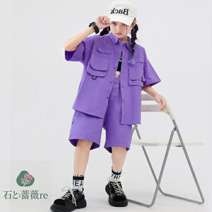 子供ヒップホップジャズダンス衣装　半袖アウター　ショートパンツ　パープル系　女の子/男の子ステージ演出服キッズダンスウェア　キッズhiohopjazzダンス衣装　社交ダンス衣装　HIPHOP　イベント　コスチューム