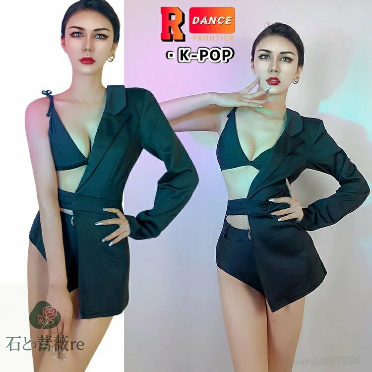 k-pop 衣装 大人 スーツ ダンス衣装 セットアップ レディース オフショルダー 黒 トップス ジャケット ..
