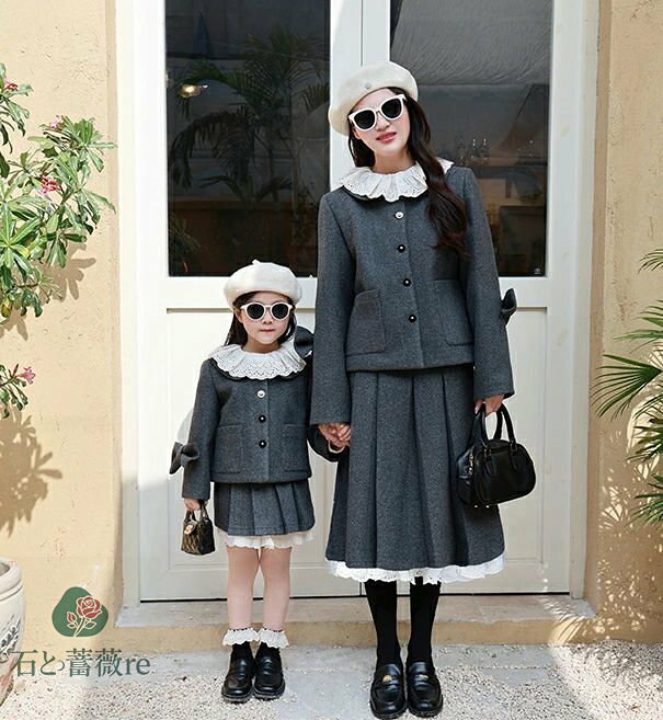 卒業式 スーツ 女の子 卒服 韓国 卒園式 入園式 ママ 娘 おそろい 入学式ママスーツ セットアップ リンクコーデ 親子セット 親子ペア 小学生 グレー 子供服 洋服 ゆったり キッズ 可愛い おしゃれ リボン ブレザー スカート 女子 ジュニア ピアノ 発表会 受験 演奏会 結婚式