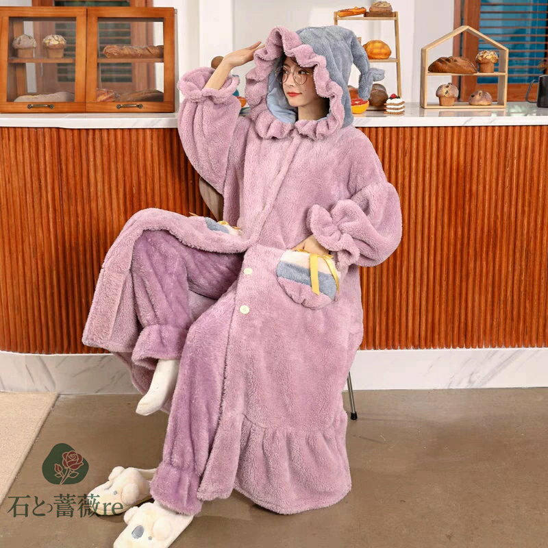 パジャマ 着ぐるみ 可愛い もこもこ 小魔女 パジャマ ガウン 小学生 女の子 冬 ルームウェア パープル もこもこ パジャマ フード付き モコモコパジャマ レディース ペアパジャマ 秋冬 ナイトガウン 修学旅行 中学生 カップル ペア 部屋着 誕生日 着る毛布 プレゼント