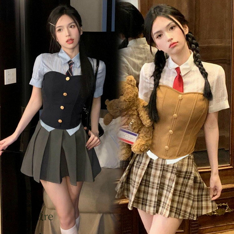 卒業式 スーツ 女の子 セット 韓国 制服 ネクタイ シャツ ビスチェ ブラウス スカート k-pop 衣装 ダン..