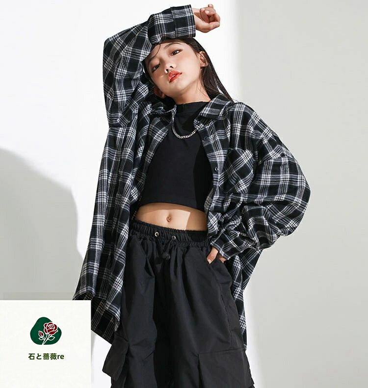 チェック柄 長袖 カーゴパンツ キッズ へそ出し トップス ダンス衣装 セットアップ...