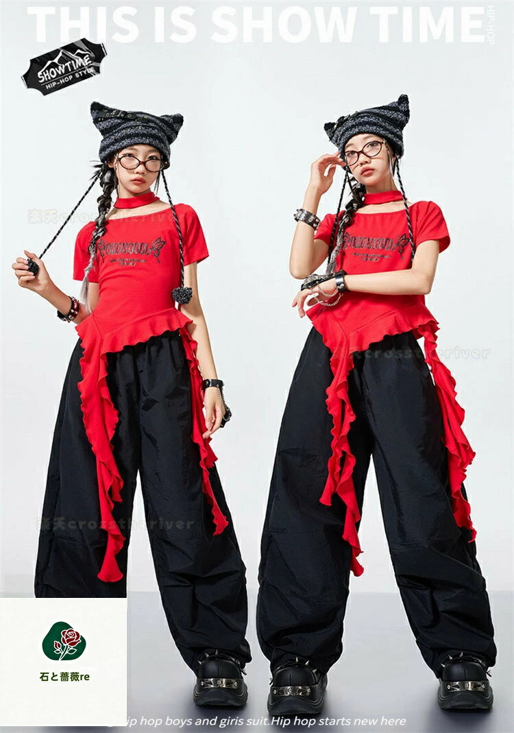 k-pop 衣装 へそ出し トップス 女の子 赤 キッズダンス衣装 セットアップ ヒップホップ tシャツ レッド カーゴパンツ 黒 ゆったり ワイドパンツ 女の子 k-pop 衣装 韓国 アイドル 衣装 舞台服 ストリート 演出服 HIPHOP JAZZ k-pop 発表会 応援 ダンスウェア ステージ衣装 2