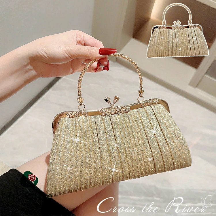 パーティーバッグ ハンドバッグ 2way キラキラ ゴールド サテン プリーツ 横型 結婚式バッグ ドレス スマホショルダー バッグ ショルダーバッグ レディース パーティー フェミニン 演奏会 結婚式 謝恩会 披露宴 発表会 二次会 お呼ばれ 同窓会 成人式 ウェディング