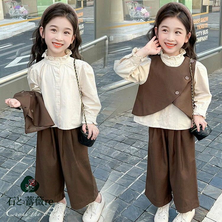 卒業式 パンツスーツ 女の子 入学式 ベスト シャツ パンツ 3点セット 120 130 セットアップ 韓国 制服 ..