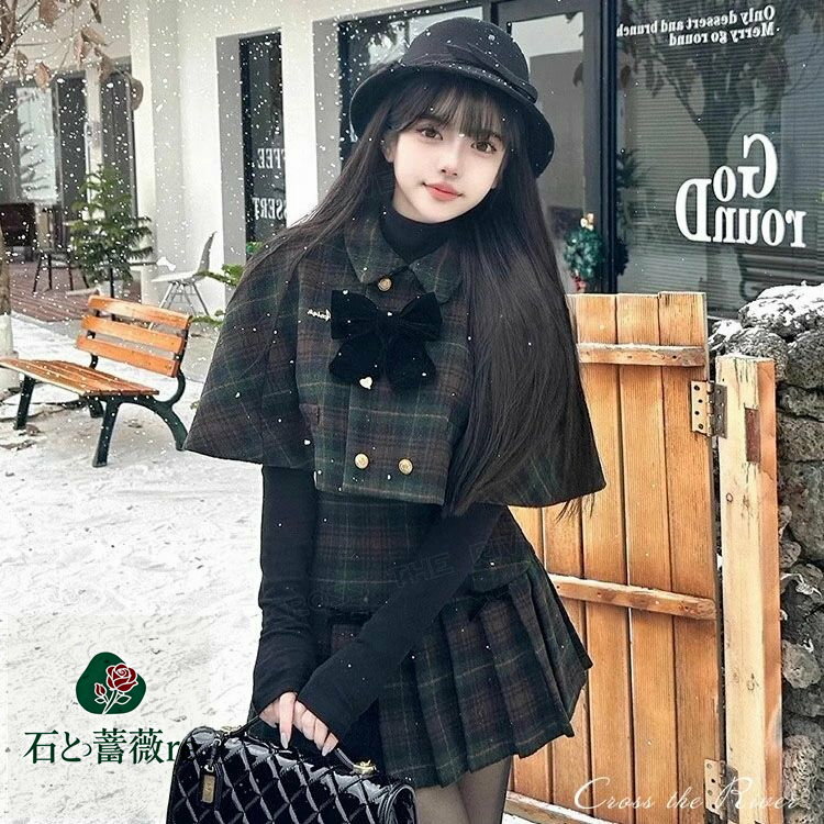 卒業式 スーツ 女の子 韓国 制服 入学式 マントコート スカート セット 高校生 チェック柄 なんちゃって制服 レディース 女子高生 フォーマル スーツ 中学...