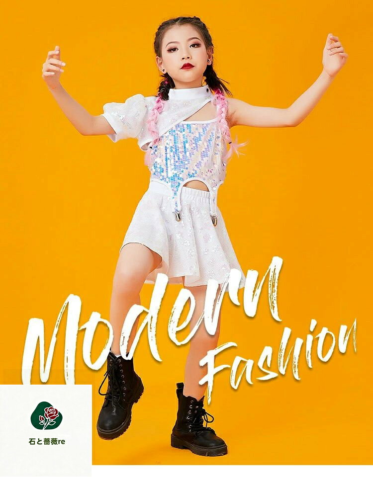 石と薔薇reのキッズ ダンス 衣装 スパンコール キラキラ チアガール ヒップホップ ヘソ出し セットアップ 女の子 スカートセット シャツ キッズダンス衣装 上下 ジャズ 舞台 韓国 ダンスウェア ヒップホップ ステージ 120-170｜アングル2