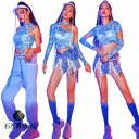 タイダイ 水色 ブルー 社交ダンス衣装 レディース ジャズ ダンス衣装 セクシー DS演出服 無袖 トップス ヒップホップ チアガール ステージ衣装 おしゃれ ...