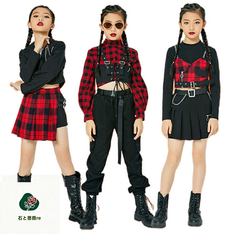 チェック柄 女の子 ダンス衣装 kpop キッズ チアガール スカート へそ出し チーム ...