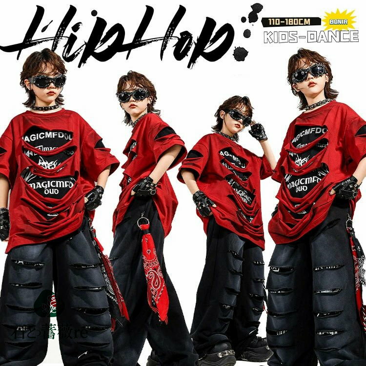 英字柄 ダメージ 半袖 ボルドー 赤 ワインレッド Tシャツ 女の子 男の子 ダンス衣装 K-POP風 ヒップホ..