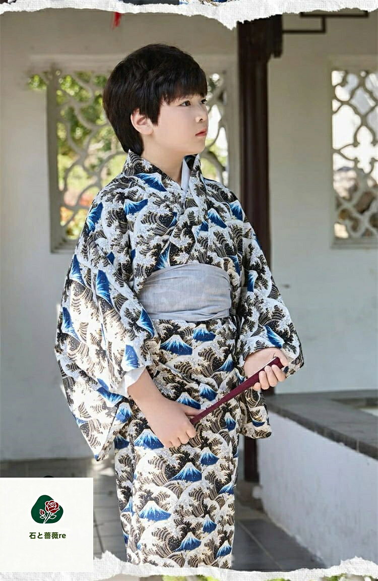 キッズ 浴衣 セット 男の子 子供 子ども 波柄 小学生 ゆかた 可愛い 息子 ボーイズ...