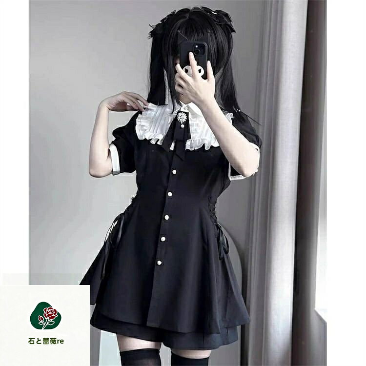 ロリータ レディース ワンピース パンツ付き ドレス 高校生 黒白 ワンピース 女の子 ガーリー ロリータ風 レース シースルー袖 リボン ハロウィン 文化祭 イベント おしゃれ 可愛い 華やか キッズパーティー 写真撮影 動きやすい S-XL