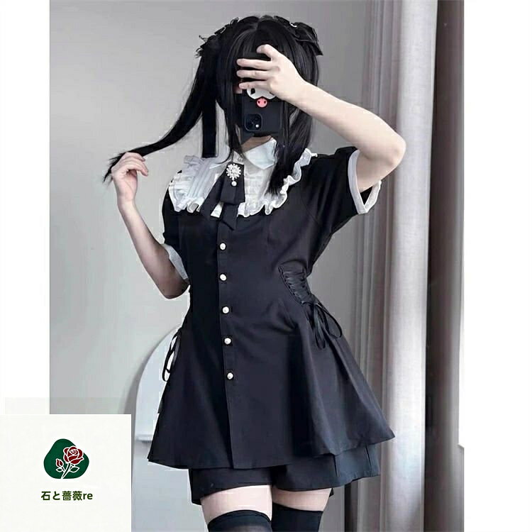 石と薔薇reのロリータ レディース ワンピース パンツ付き ドレス 高校生 黒白 ワンピース 女の子 ガーリー ロリータ風 レース シースルー袖 リボン ハロウィン 文化祭 イベント おしゃれ 可愛い 華やか キッズパーティー 写真撮影 動きやすい S-XL｜アングル3