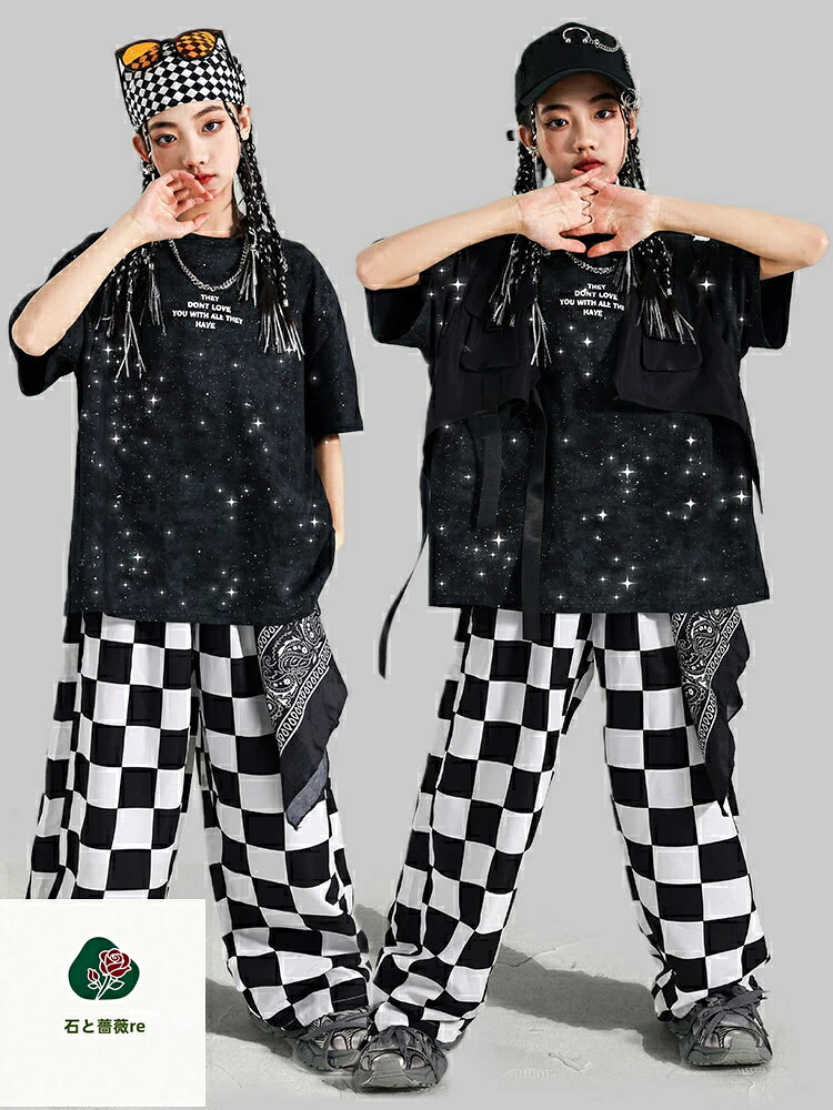 石と薔薇reのチェック柄 ダンス服 キッズ ヒップホップ 衣装 男の子 女の子 ベスト 黒シャツ 長パンツ ズボン キッズ 半袖 ガールズ ダンスウェア イベント ジュニア カッコイイ 普段着 発表会 応援団 jazz K-POP オシャレ DANCE 110~170｜アングル3