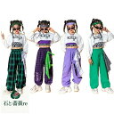 ホワイト トレーナー ダンス衣装 キッズ 三点セット セットアップ ヘソ出し チェック柄 長袖 緑 紫 パンツ ズボン ヒップホップ 女の子 チアガール 子供服...