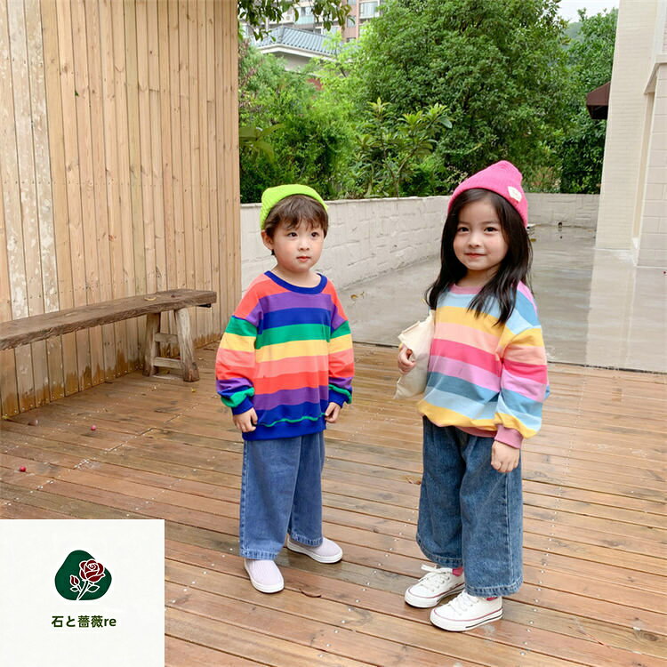 石と薔薇reの韓国子供服 オシャレ トレーナー スウェット 秋新作 子供服 ベビー 長袖シャツ クルーネック 男の子 女の子 虹色 ボーダー柄 長袖 男女兼用 カジュアル キッズ ジュニア パーカー スポーツ お出かけ 運動着 通学 ファッション おしゃれ 可愛い 80 90 100 110 120 130 140｜アングル2