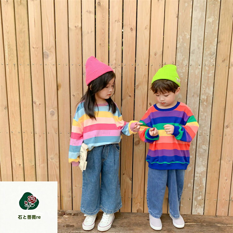 石と薔薇reの韓国子供服 オシャレ トレーナー スウェット 秋新作 子供服 ベビー 長袖シャツ クルーネック 男の子 女の子 虹色 ボーダー柄 長袖 男女兼用 カジュアル キッズ ジュニア パーカー スポーツ お出かけ 運動着 通学 ファッション おしゃれ 可愛い 80 90 100 110 120 130 140｜アングル3