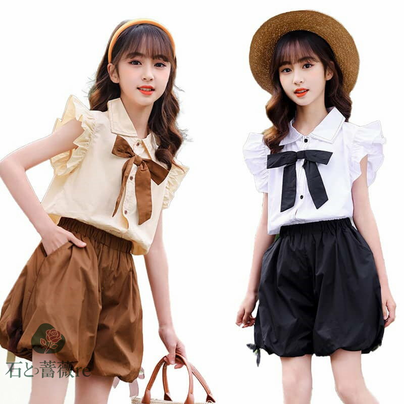 女の子セット 夏用 2点セット 子供服 パフスリーブ 袖なし シャツ 短パン リボン 大人可愛い リゾート カジュアル 120-170cm