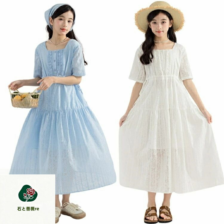 樂天商城 - 子供服 ワンピース 白 水色 女の子 可愛い 夏服 韓国 親子コーデ 無地 ミモレ丈 子供服 かわいい 韓国 女児 サマー 海辺 旅行 カジュアル ワンピース 普段着 通学 リゾート 青 ブルー