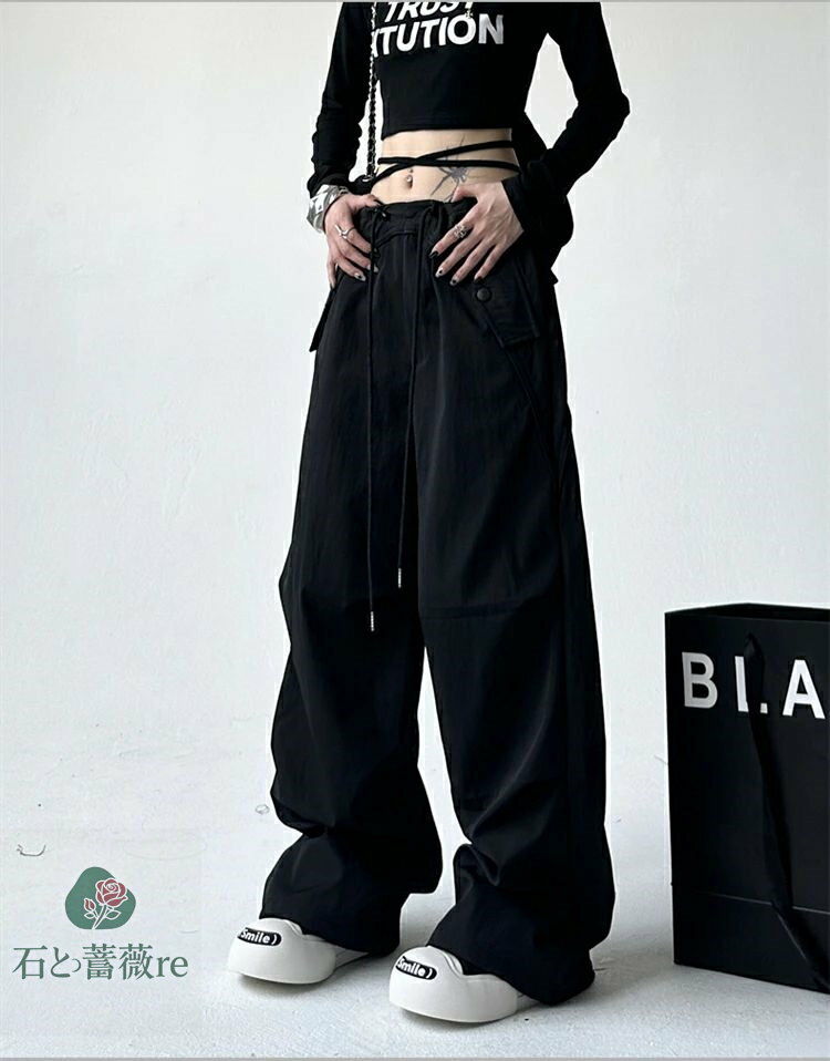 石と薔薇reのカーゴパンツ ダンス衣装 黒 灰色 パンツ レディース ダンスパンツ ボトムス ズボン ゆったり ワイドパンツ ヒップホップ ストリー ファッション ダンサーパンツ ジョガー パンツ カジュアルパンツ ロングパンツ 普段着｜アングル2