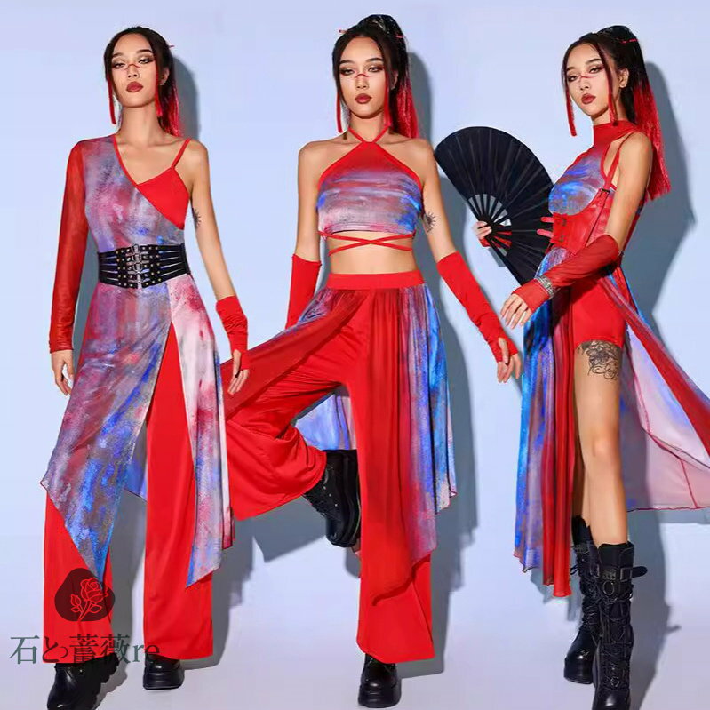 タイダイ柄 ダンス衣装 赤 セットアップ 大人 レディース チャイナ風 アイドル衣装 中華風 ジャズダンス 演出服 派手 DSダンス ヒップホップ ステージ衣装 おしゃれ 女子グループ 社交ダンス クラブ バー 練習服 トップス パンツ S M L XL