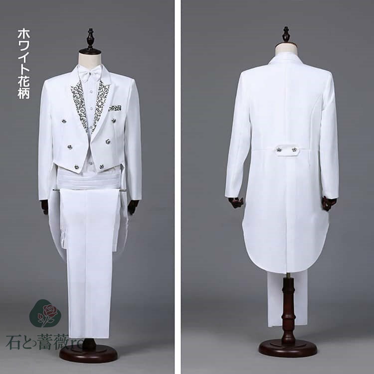 燕尾服 タキシード メンズ 上下セット フォーマル スーツ 4点セット 演出服 マジック 司会 ジャズウェア 魔術師 公演服 団体服 ステージ衣装 合唱 ピアノ 発表会 結婚式 お花婿 礼服 コンサート 宴会 パーティー 芸人 お笑い 衣装