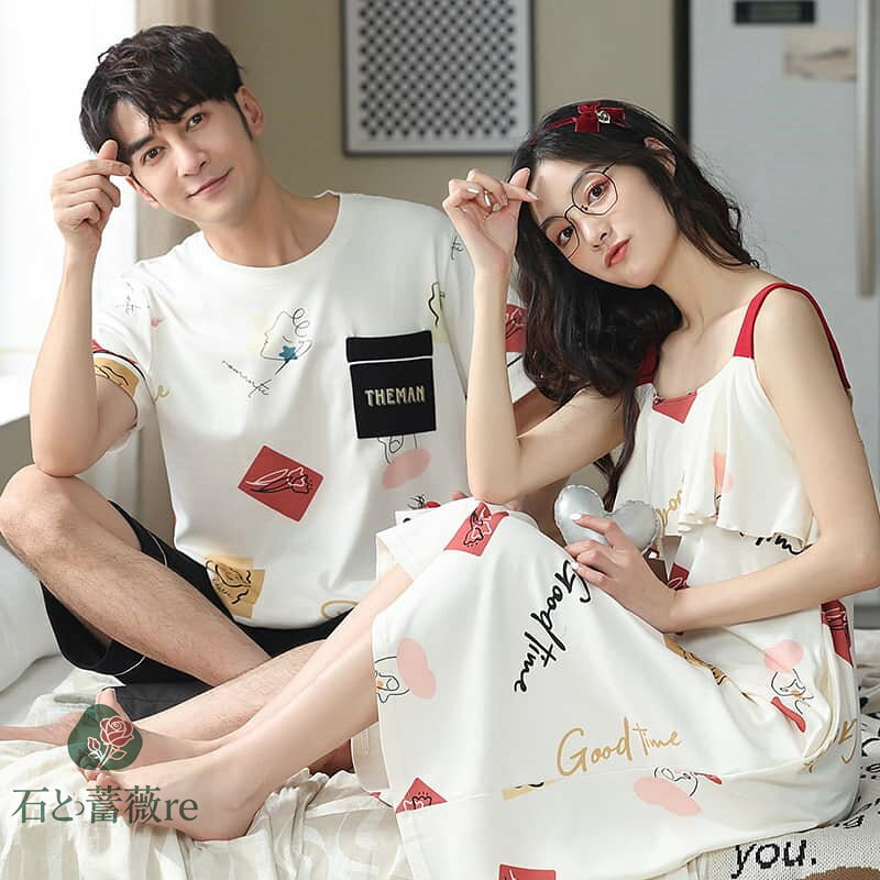 ペアパジャマ レディース メンズ コットン 綿 夏 半袖 ワンピース 男女セット パジャマ ネグリジェ 薄手 可愛い 部屋着 ルームウェア お揃い カップル