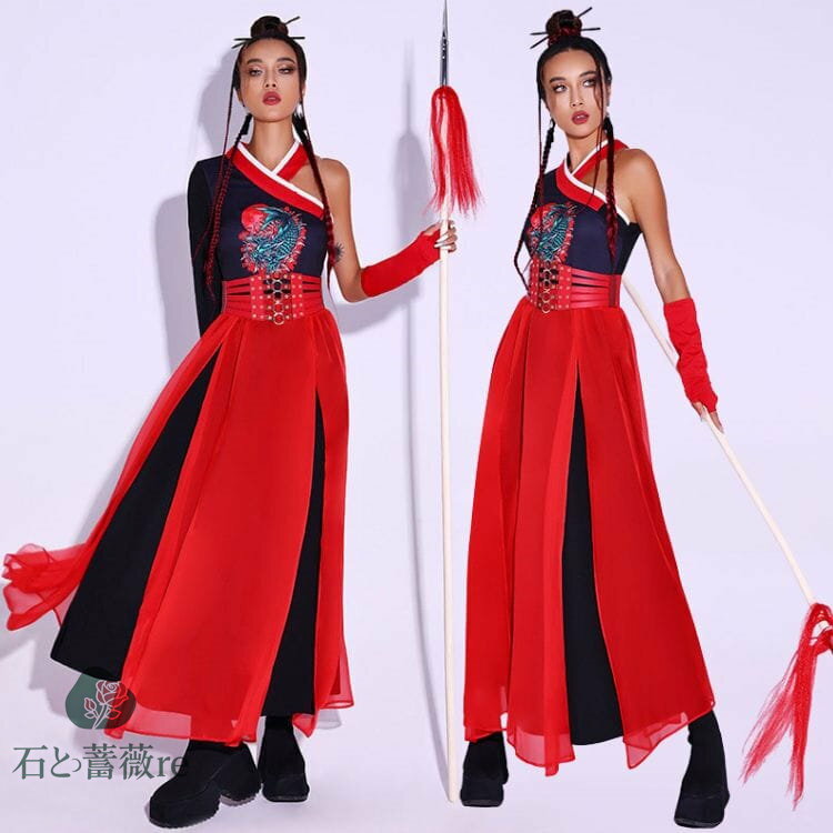 ダンス衣装 セットアップ 大人 レディース チャイナ風 龍柄 赤 ワンピース ブラック ジャズ HIPHOP ダンス 衣装 演出服 ステージ 衣装 レディース ...