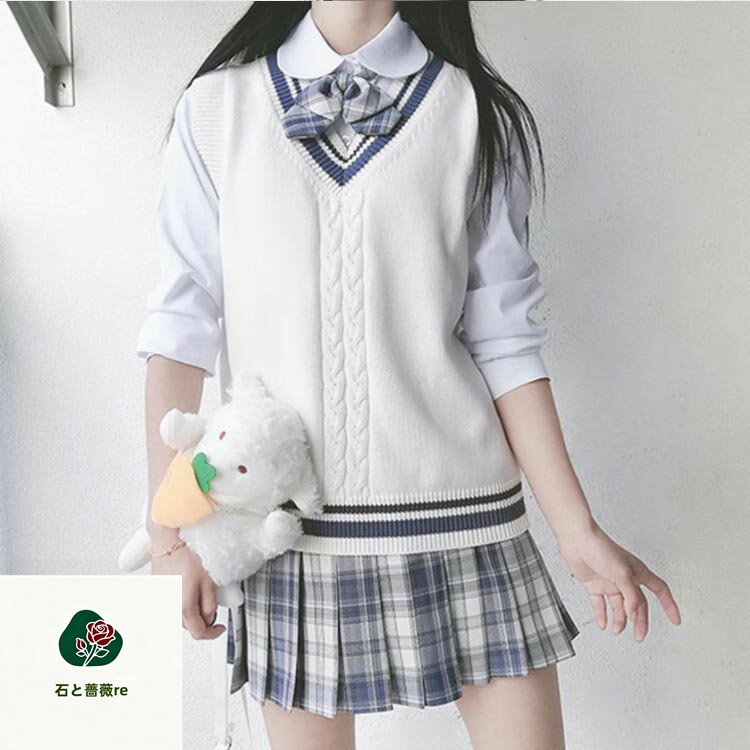 スクールセーターVネックライン入り綿コットン長袖セーターノースリーブニットベストスクールベストケーブル韓国制服セーター男女兼用学生服通学中学生高校生学生服レディースメンズユニセックスJK制服