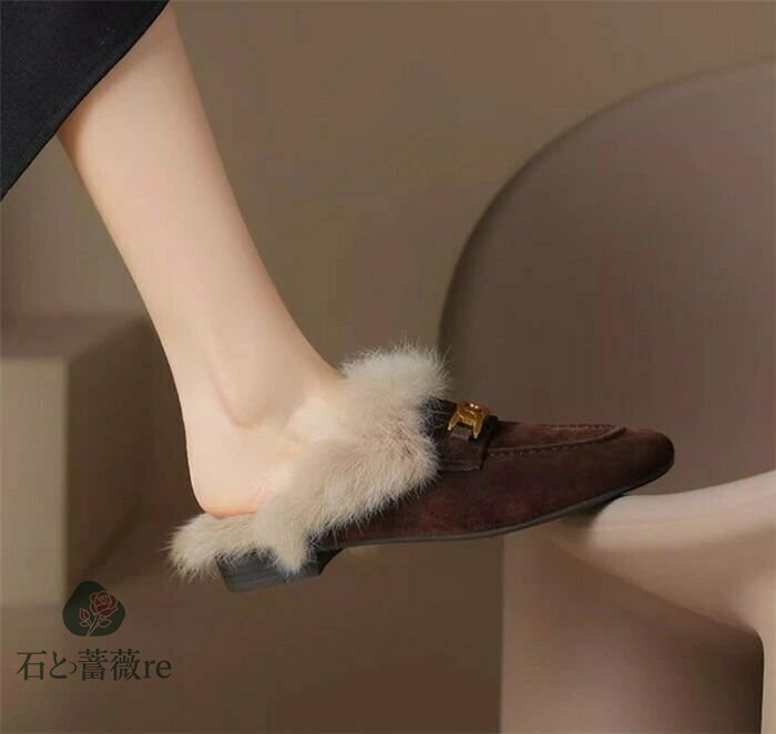 ファーミュールサンダルかかとなしローファースリッポンローヒールレディースファースリッパミュールサンダル歩きやすいスクエアトゥ外履きファーパンプススエードミュール