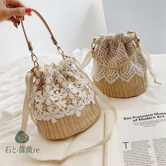 即納　かごバッグ 浴衣バッグ バケットバッグ ショルダーバッグ レディース 巾着 小さめ レースバッグ インナーポーチ ハンドバッグ 斜めがけ 大人 軽量 かわいい 手編み シンプルなショルダーバッグ ギフト プレゼント