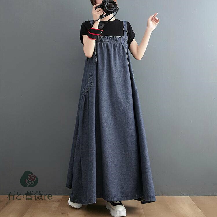 選べる6色　ジャンパースカートサロペット ワンピース レディース オーバーオール ロング 大きいサイズ デニムマキシワンピース 夏 体型カバー ゆったり デニムワンピース ワンピース ワンピ オールインワン デニム 大きいサイズ サロペット 無地 夏 ロング丈