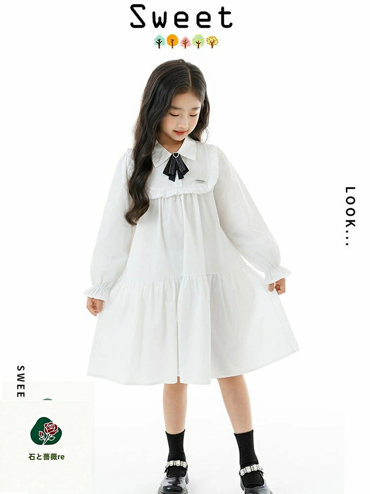 石と薔薇reのリボン付き　ワンピース　子供服 長袖ワンピース 白　女の子 キッズ フォーマル ワンピース ホワイト　レース フォーマル 入学式 入園式 卒業式 卒園式 発表会 結婚式 プルオーバー 韓国 子ども服 春 夏 秋 冬 レースワンピース チュールスカート 女の子 キッズ用｜アングル2