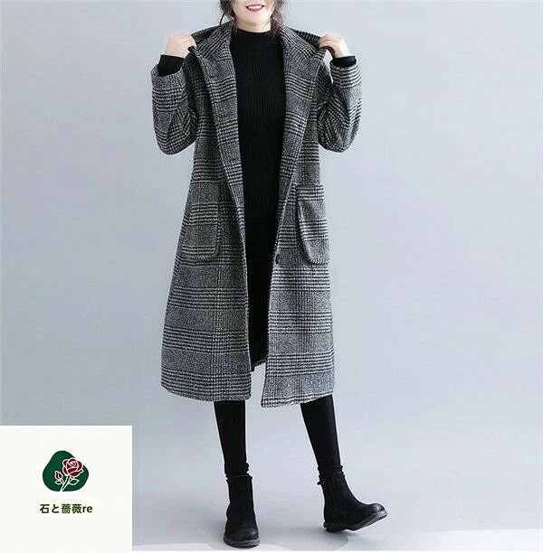 石と薔薇reのゆったりシルエット フーデットコート グレンチェック フードコート フード付き コクーンシルエットアウター 秋 冬ロングコート レディース 羽織 ロング チェスターコート レディース コクーンコート　フーデットコート チェック柄 レディース大きいサイズ　春秋冬｜アングル2