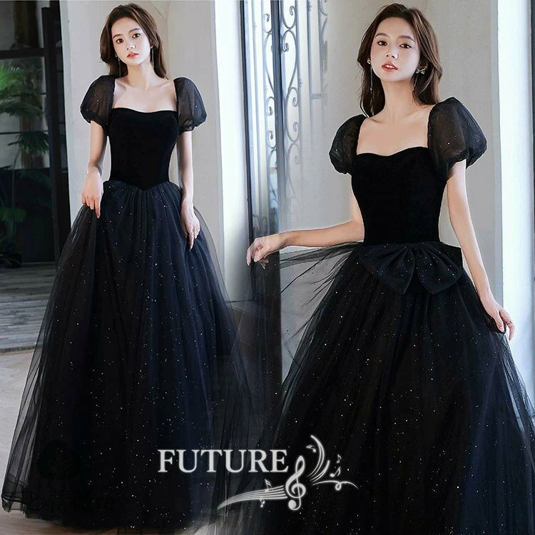 ロングドレス 演奏会 黒 パフスリーブ ドレス 大人 ピアノ 発表会 高校生 中学生 パーティードレス 韓国 イブニングドレス カクテルドレス 着痩せ フォーマルドレス チュール お呼ばれドレス 大きいサイズ 20代 30代 ウエディング 謝恩会 二次会 結婚式 披露宴 成人式