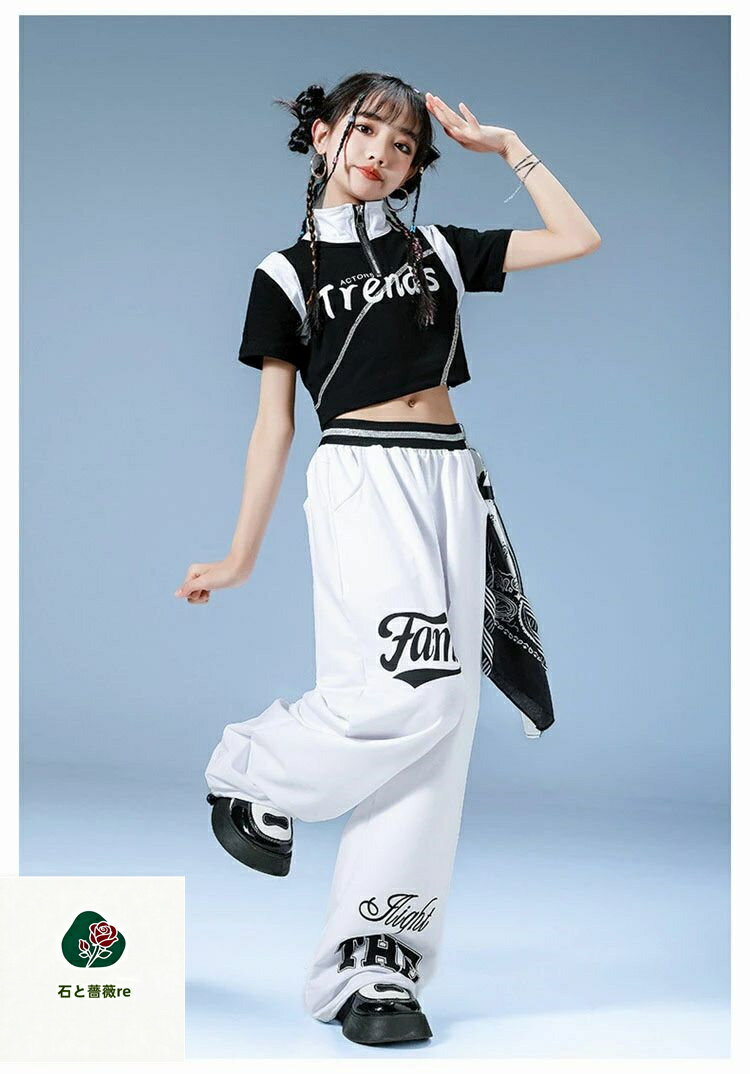 黒 白 キッズ ダンス 衣装 セットアップ k-pop 衣装 へそ出し トップス tシャツ 星...